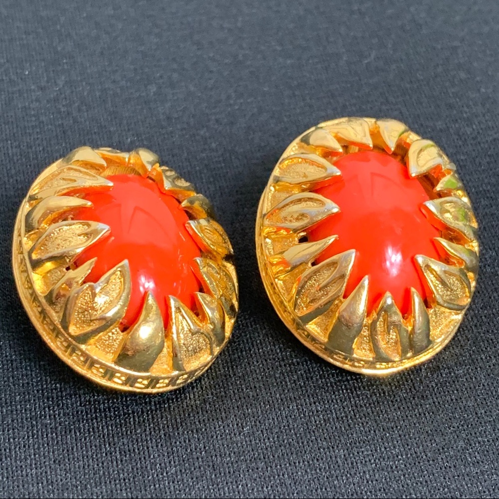 Fendi coral red gold cabochon vintage earrings